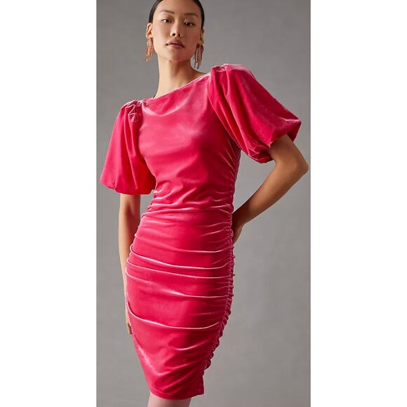Scotch & Soda Velvet Balloon Sleeve Bodycon Ruched Hot Pink Dress Anthro Xsmall - Picture 1 of 4